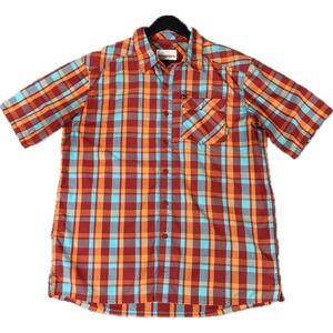 Simms Mens Shirt L Red Orange Blue Plaid Short Sleeve Fishing Hiking 34226
